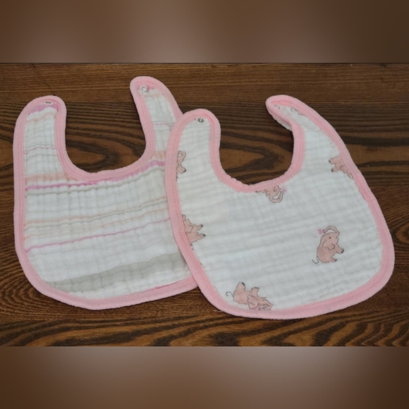 Aden + Anais pink muslin baby bibs, stripes and elephants, set of 2 - Picture 1 of 6
